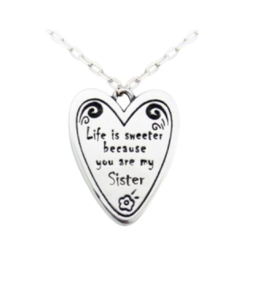 Close-up of heart pendant with sweet sister message 925 silver – detailed cute charm