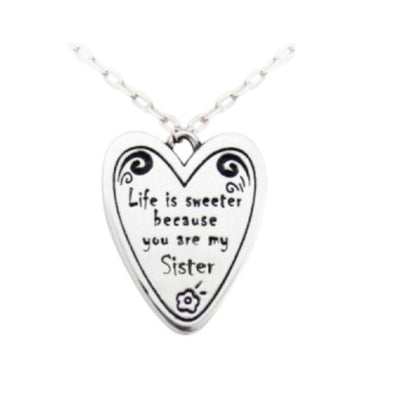 Close-up of heart pendant with sweet sister message 925 silver – detailed cute charm