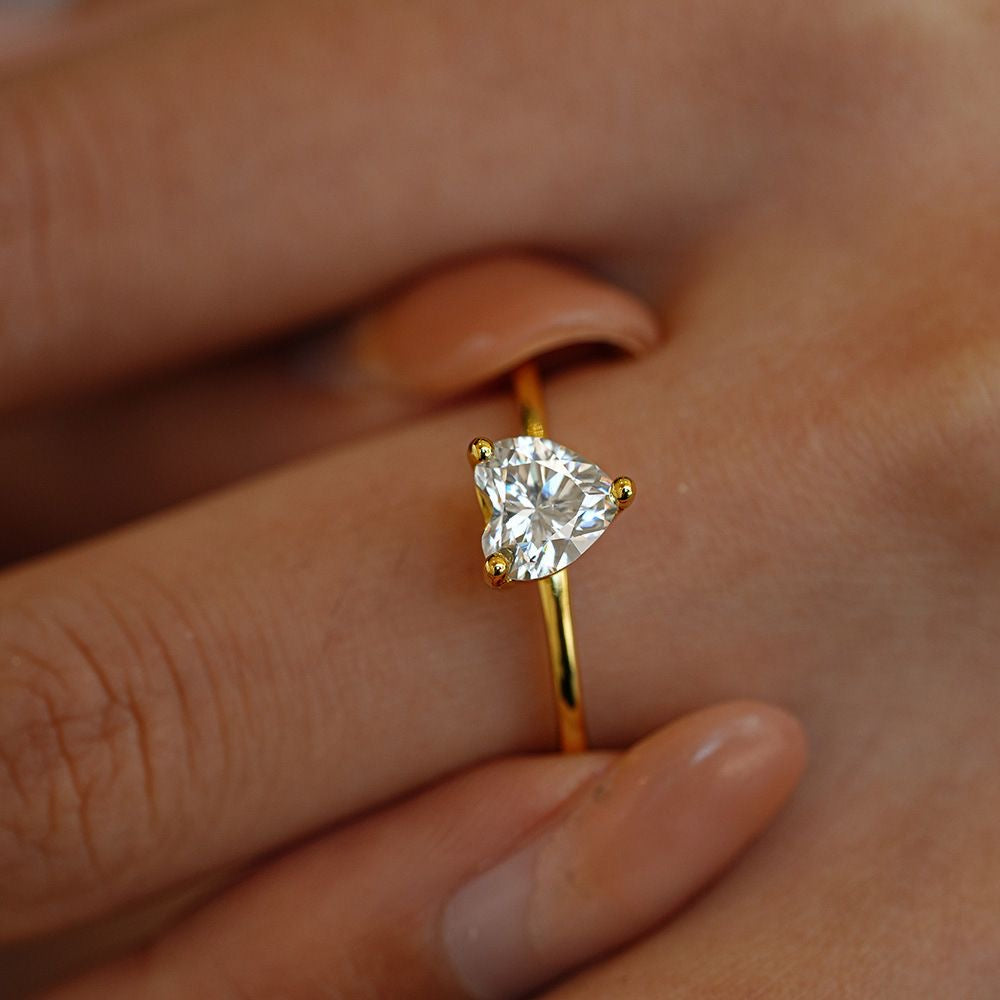 heart solitaire ring in gold worn on hand showing scale and sparkle