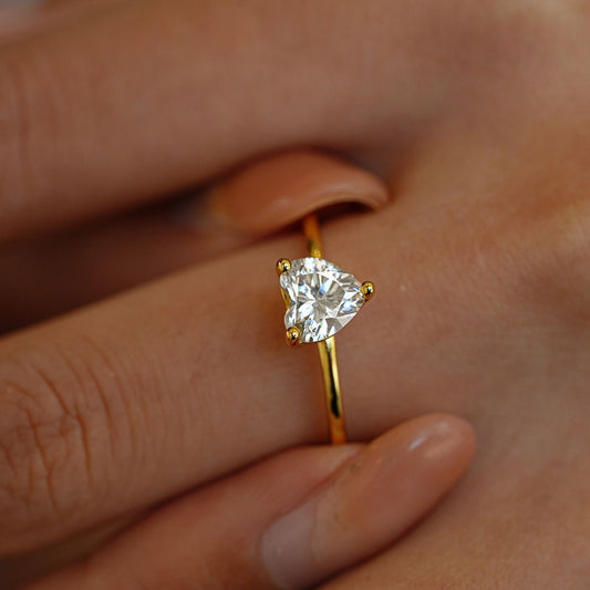 heart solitaire ring in gold worn on hand showing scale and sparkle