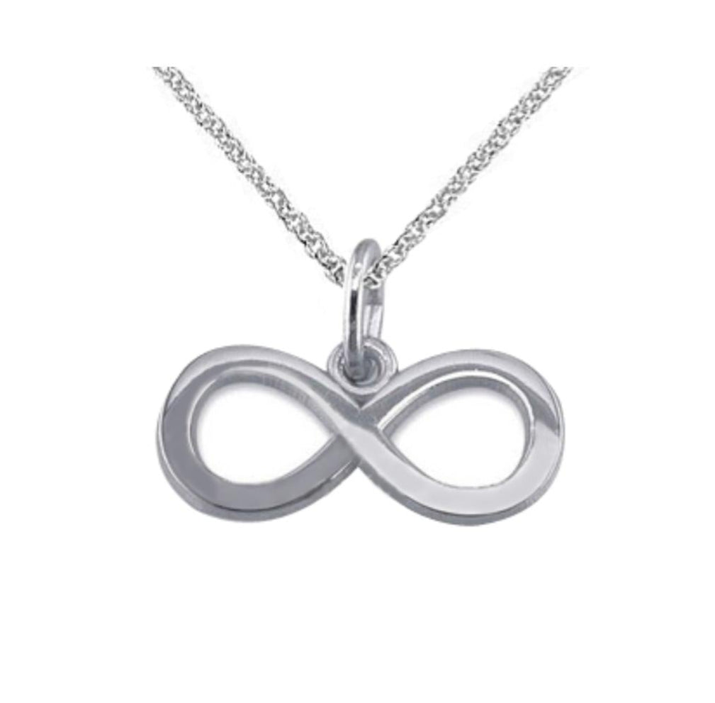 Close-up of infinity symbol pendant with "Forever" message on 925 sterling silver necklace