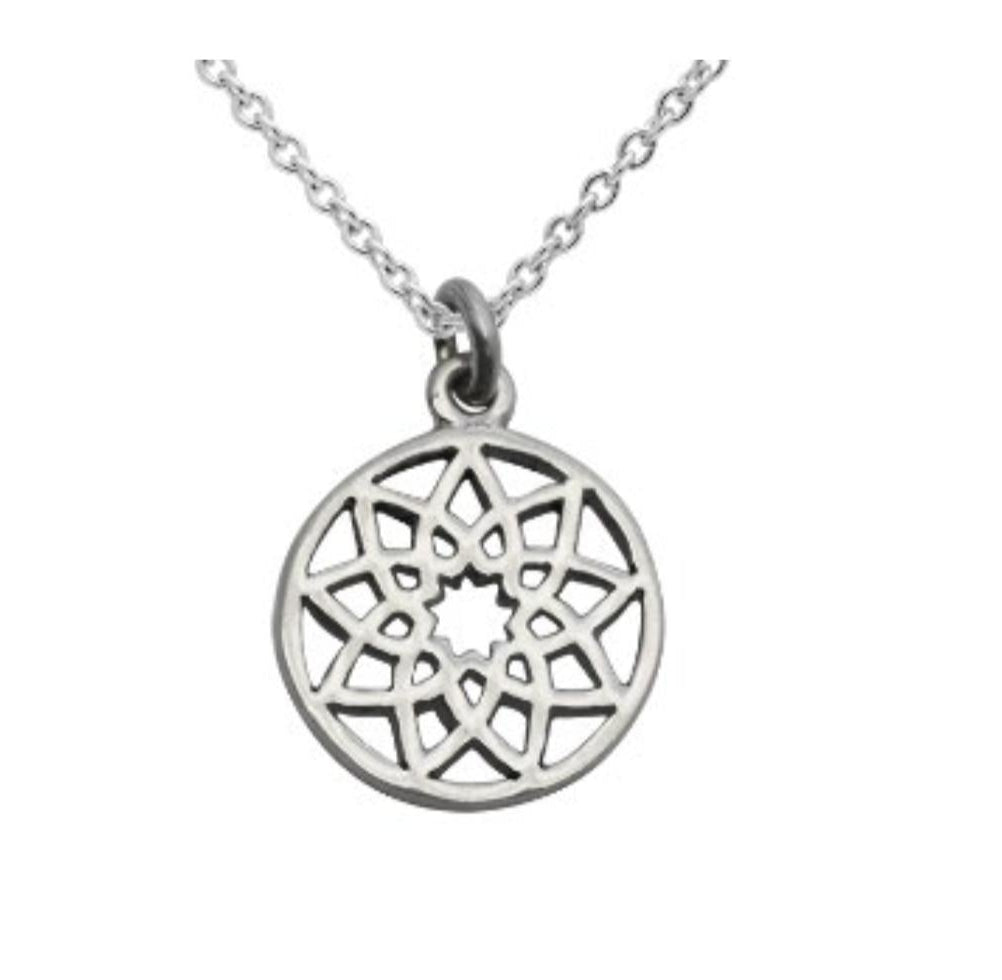 Close-up of mandala pendant necklace 925 silver – detailed spiritual mandala charm