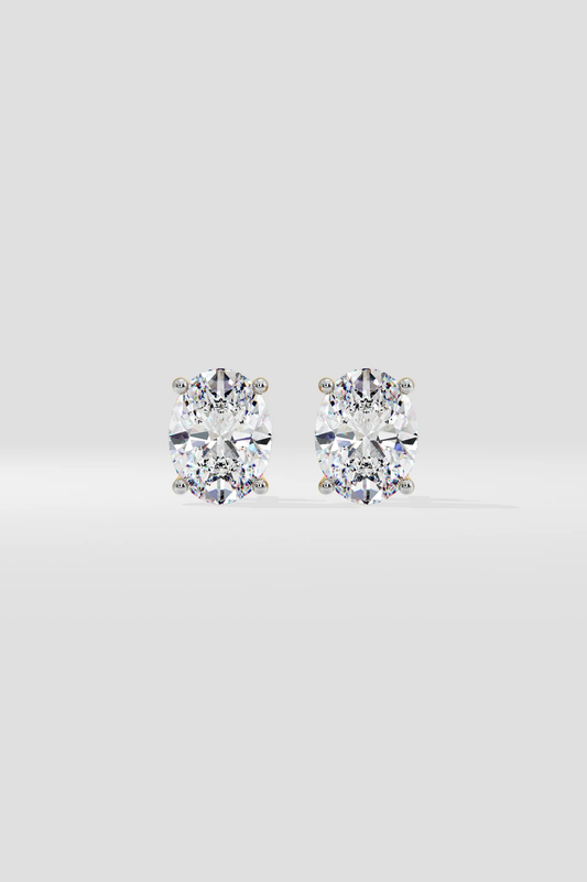 Front view of oval diamond stud earrings showing brilliant oval lab-grown diamonds
