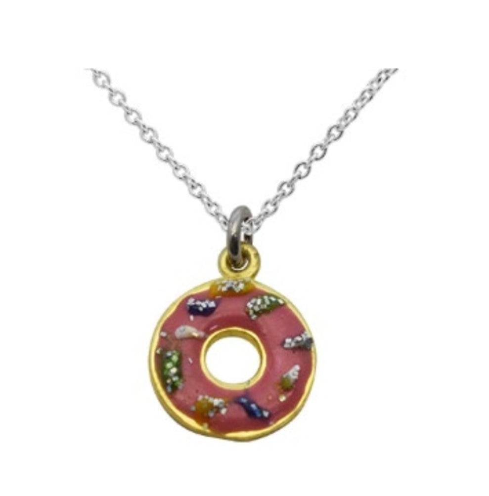 Close-up of pink donut pendant necklace 925 silver – detailed cute donut charm