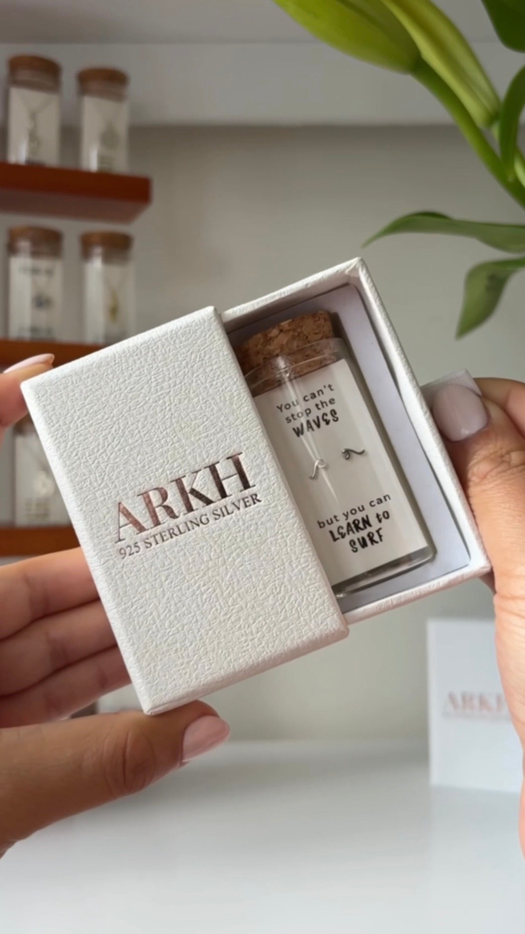 925 sterling silver wave stud earrings in glass jar with cork lid and motivational quote “You can’t stop the waves but you can learn to surf” – ocean inspired gift