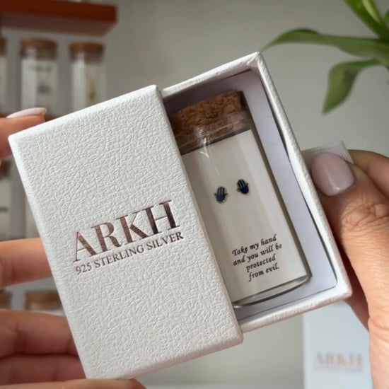 925 sterling silver Hamsa hand stud earrings in glass jar with cork lid and quote “Take my hand and you will be protected from evil” – spiritual protection gift