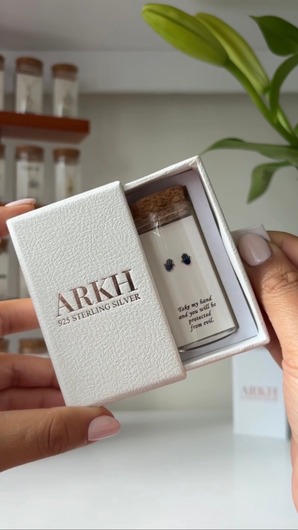 925 sterling silver Hamsa hand stud earrings in glass jar with cork lid and quote “Take my hand and you will be protected from evil” – spiritual protection gift