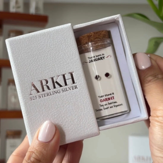 925 sterling silver birthstone stud earrings for January (Garnet) in glass jar with cork lid – birth month stud earrings