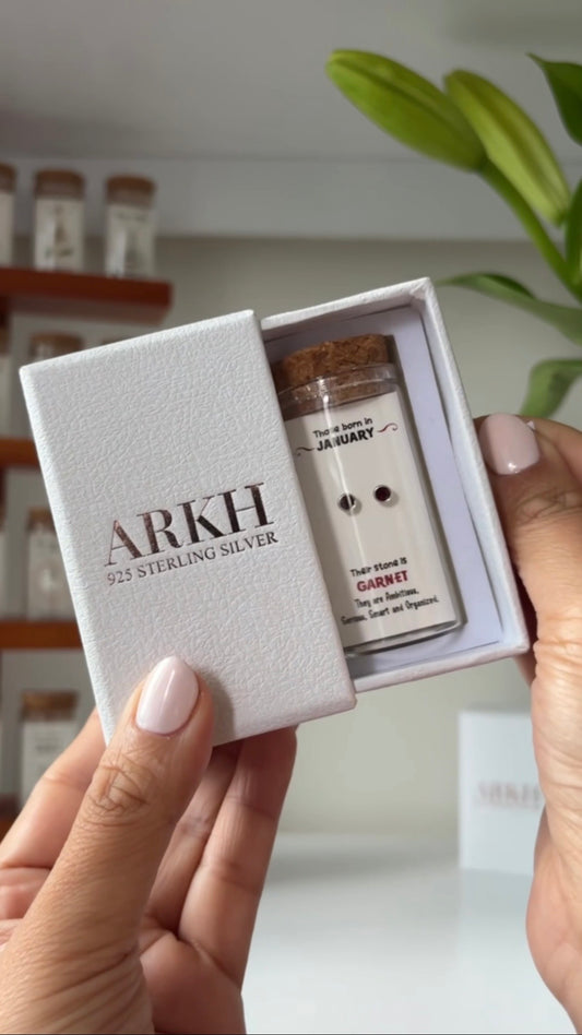 925 sterling silver birthstone stud earrings for January (Garnet) in glass jar with cork lid – birth month stud earrings