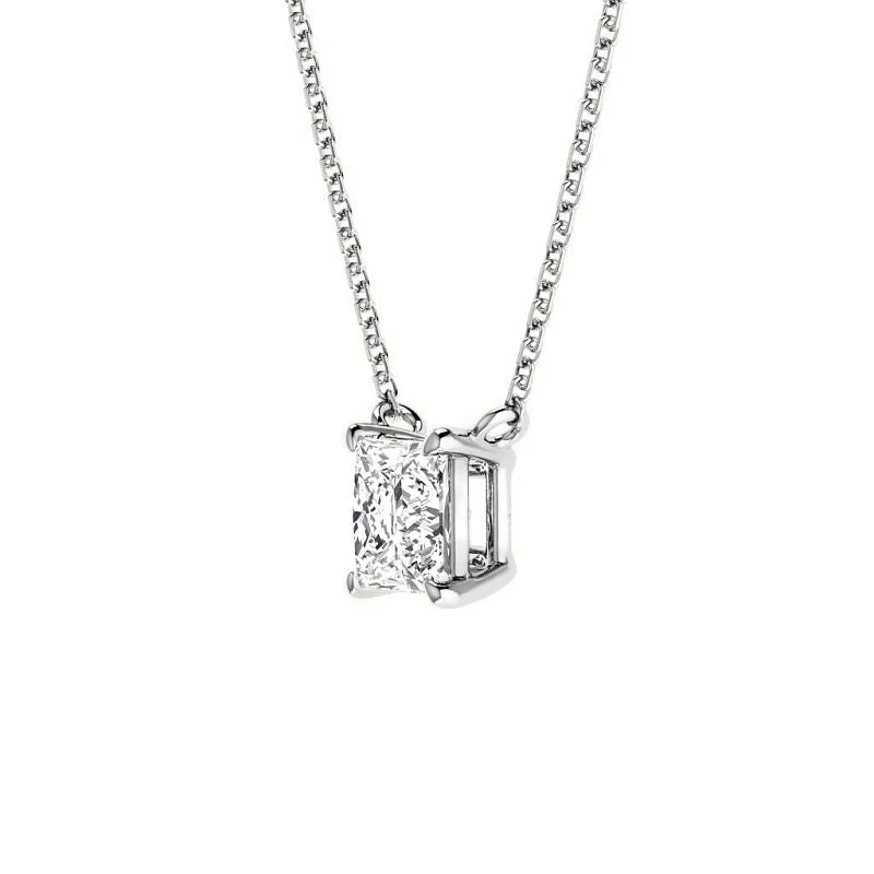 Side profile of custom princess cut diamond necklace 
