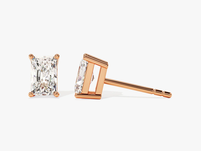 Rose gold stud earrings with radiant cut diamonds on a white background