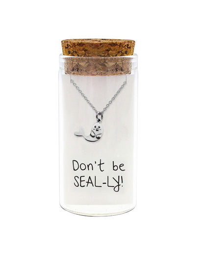 925 sterling silver "Don't be SEAL-ly" seal necklace in glass jar with cork lid – cute pun seal charm