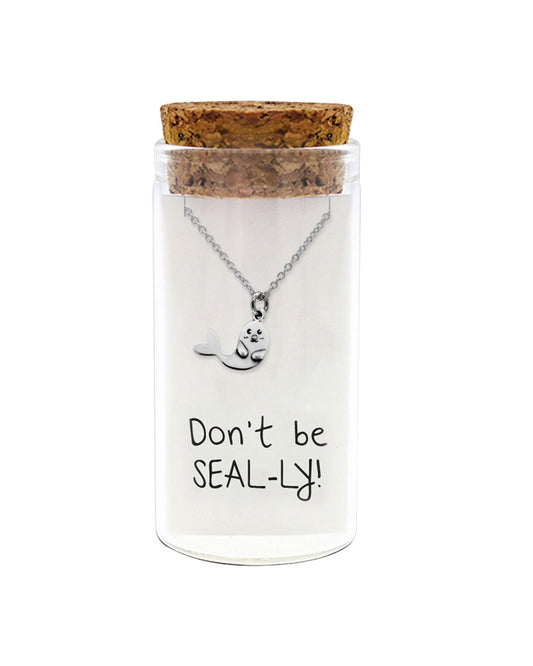 925 sterling silver "Don't be SEAL-ly" seal necklace in glass jar with cork lid – cute pun seal charm