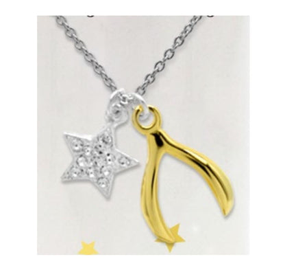 Close-up of star and wishbone pendant with "Wish upon a star and you might become one" message on 925 sterling silver necklace